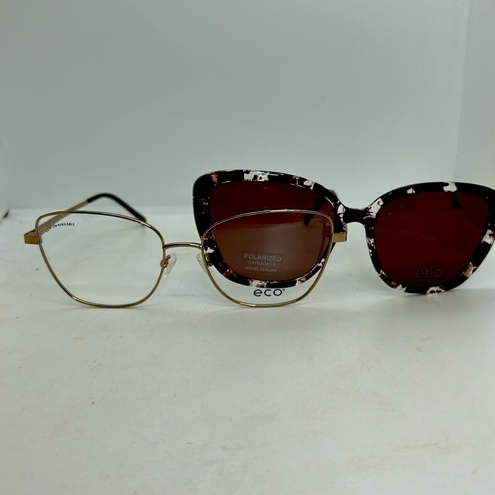 ECO Vervine DGLD Eyeglasses Frames & Polarized Sun Clip On. RXable. NWT